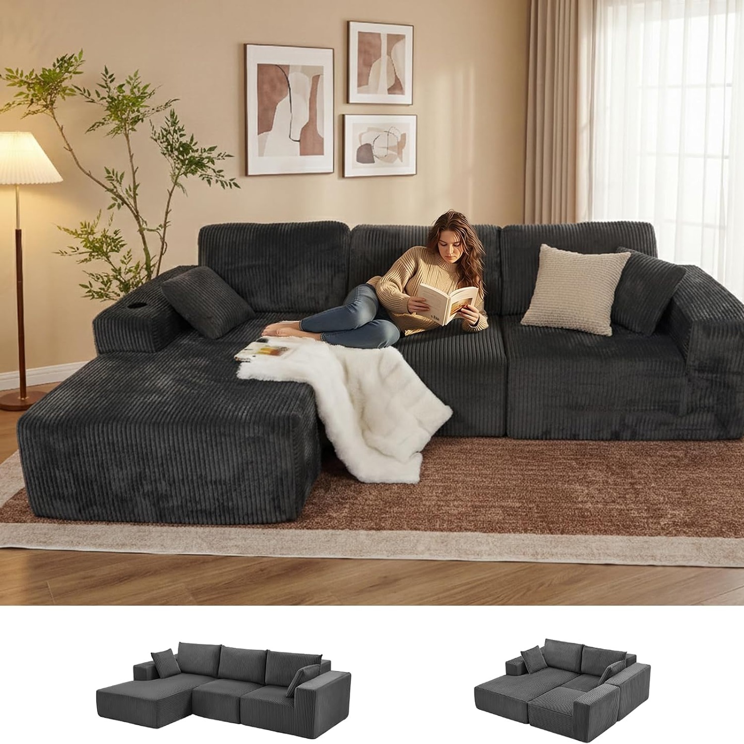 A grey L shaped modular lounge with a chaise in a bright living room